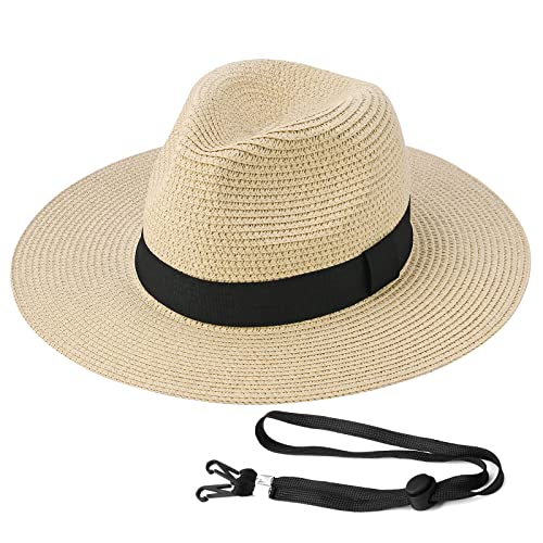 Exemaba Sombrero de Panamá para mujeres y hombres, de ala ancha, sombrero de paja Fedora con correa de barbilla, plegable, ajustable, 58 cm, beige, M