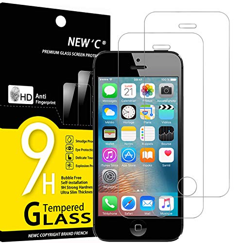 NEW'C 2 Piezas, Protector Pantalla para iPhone 5, iPhone 5S, iPhone 5C, Cristal Templado Antiarañazos, Antihuellas, Sin Burbujas, Dureza 9H, 0.33 mm Ultra Transparente, Ultra Resistente