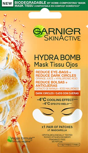 Garnier Skin Active Mascarilla de Tela Contorno de Ojos Anti-Fatiga y Anti-Ojeras con Ácido Hialurónico y Extracto de Naranja