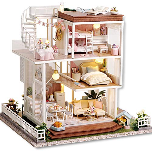 CUTEBEE Miniatura de la casa de muñecas con Muebles, Equipo de casa de muñecas de Madera DIY, más Resistente al Polvo y el Movimiento de música