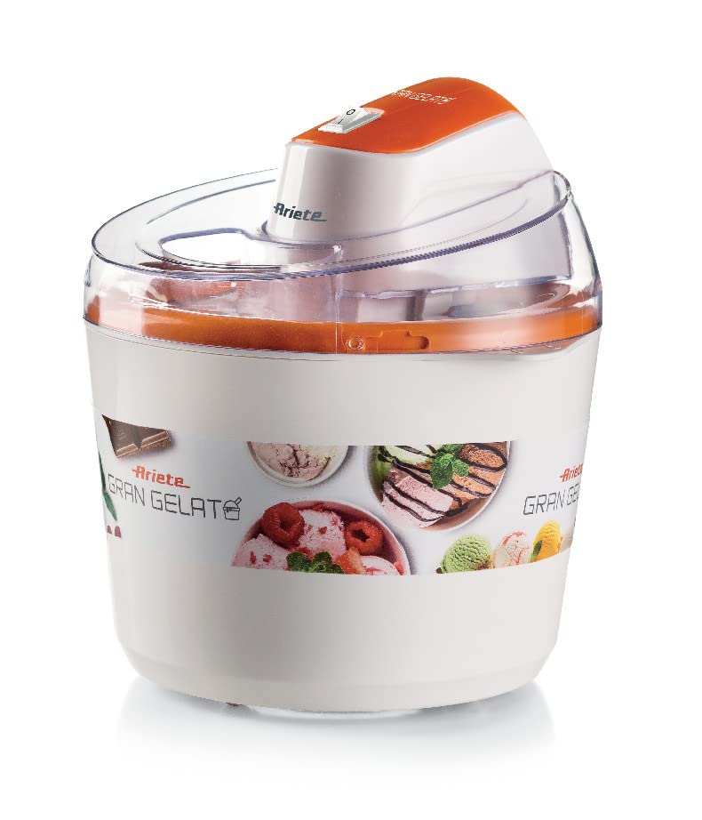 Ariete 642 Heladera eléctrica gran gelato, 1.5 litros, tapa transparente, cubeta con doble aislamiento, botón encendido/apagado, blanco naranja