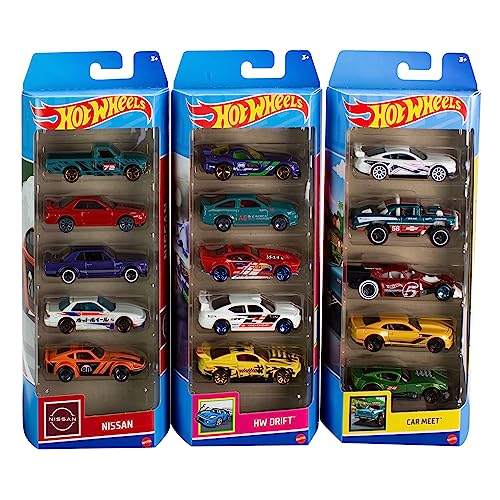 Hot Wheels Paquete de 5 autos de juguete, 3 paquetes temáticos de 5 vehículos 1:64, detalles auténticos, decoración realista, regalo para coleccionistas y niños de 3 años+