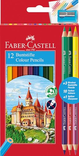Faber-Castell 110312 - Estuche con 12 lápices color hexagonales y 3 lápices bicolor redondos, colores surtidos