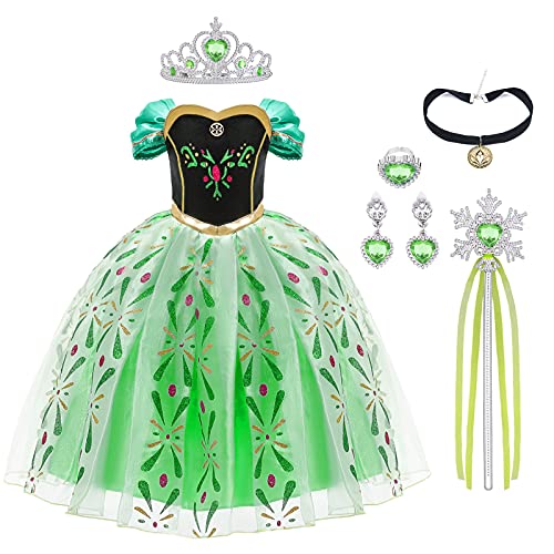 URAQT Niña Princesa Coronación Vestido, Disfraz de Elsa Anna con Varita Corona Accesorios, Vestido de Cosplay, Cumpleaños Fiesta Cosplay Carnaval Cosplay Halloween Traje, Talla 3-4 años, Verde