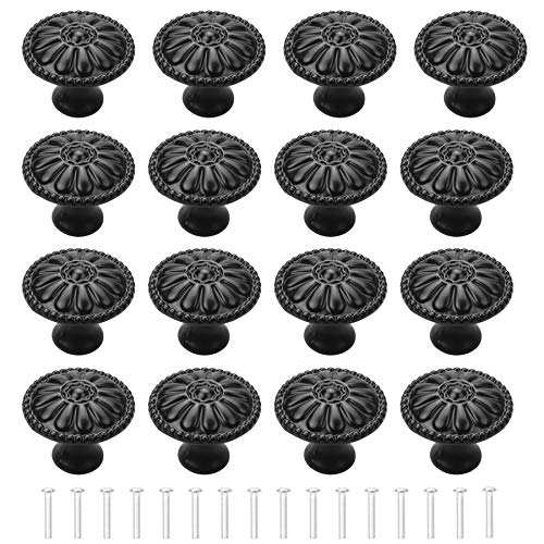 YEYIT 16 piezas Negro Pomo de armario redondo 30 mm pomos y tiradores，Patrón de flor de aleación de aluminio perillas de gabinete vintage con tornillos