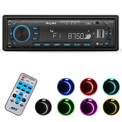 Radio Coche FM/Am 1 DIN, Avylet Autoradio Estéreo Bluetooth 5.0, Soporta Luz de Botón 7 Colores/Bajo Profundo/Llamadas Manos Libres/MP3/AUX-IN/SD/U Disk, Control Remoto, 60W X 4, Carga Rápida