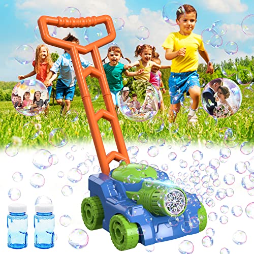 QDRAGON Máquina de Burbujas para Niños, Bubble Lawn Mower Kids Juguetes Bubble Mower con 2 Solución de Burbujas para Fiesta al Aire Libre Boda