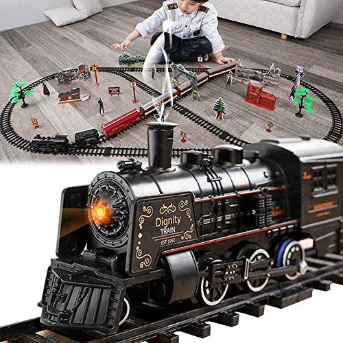Juego de trenes eléctricos para niños y niñas, kits de trenes con motor de locomotora de vapor, con luces de sonido realistas y humo, fácil montaje, juegos de trenes navideños bajo el árbol de regalo