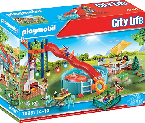 PLAYMOBIL City Life 70987 Fiesta en la Piscina con Tobogán, Con efectos de luz, Juguetes para niños a partir de 4 años