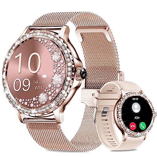 Fitonus Reloj Inteligente Mujer con Llamadas, 1.3' HD Smartwatch Mujer Redondo con Función Femenina, Monitor Sueño, SpO2, Caloría, Pulsómetro, IP68 Relojes Inteligentes para Android iOS, Oro Rosa